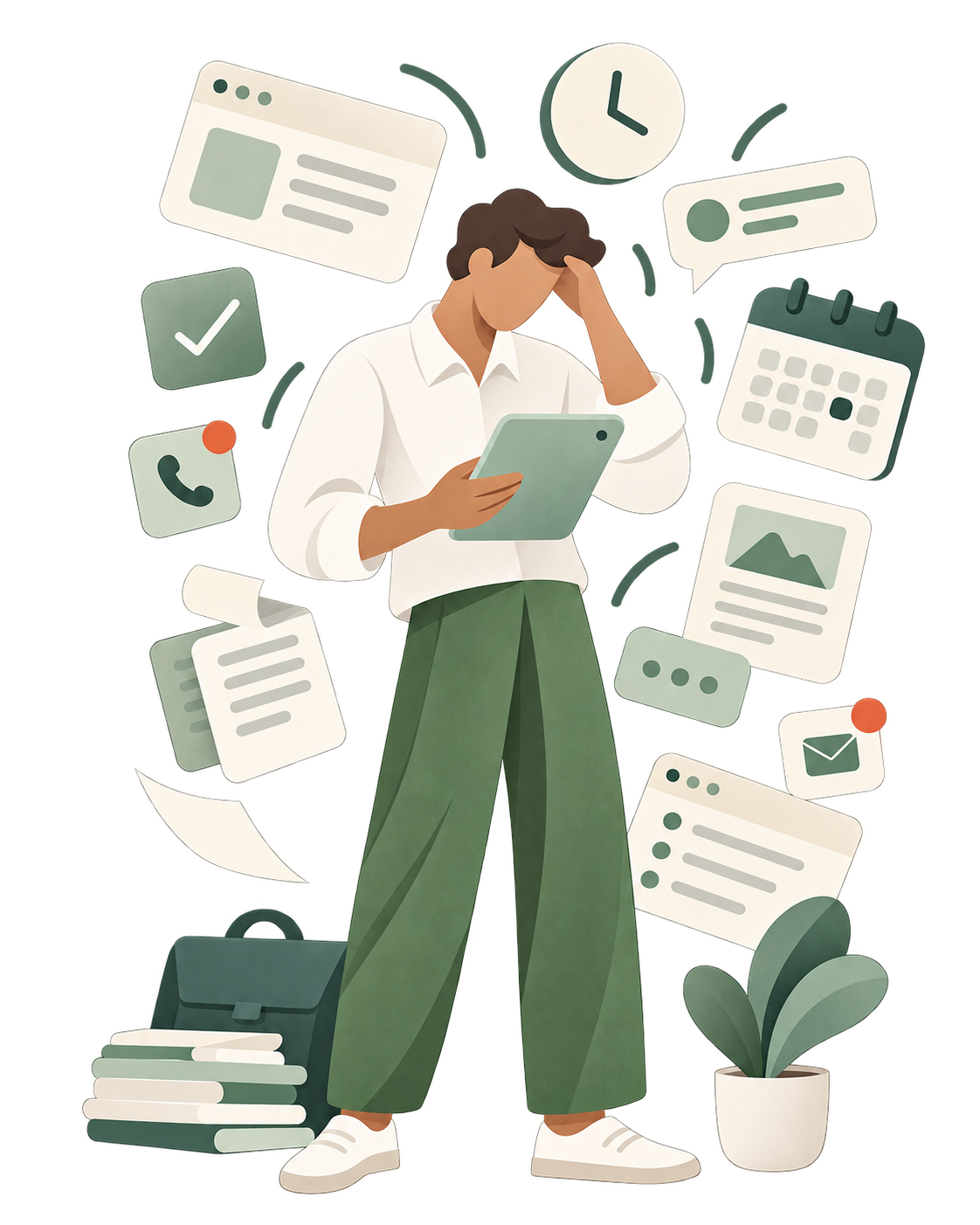 A busy business owner at a laptop, surrounded by calls, messages and tasks.